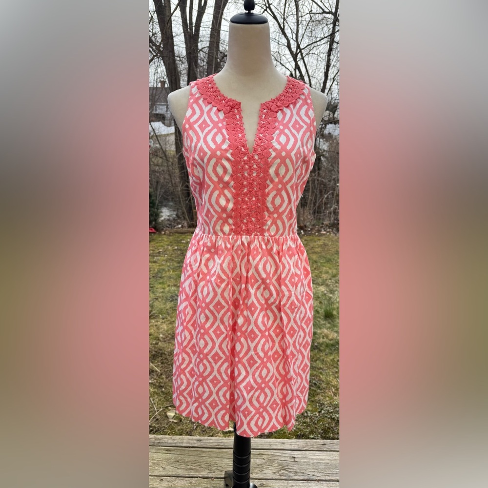 Vineyard Vines Coral & White Eyelet Trim Lattice Fit & Flare Dress Size 6